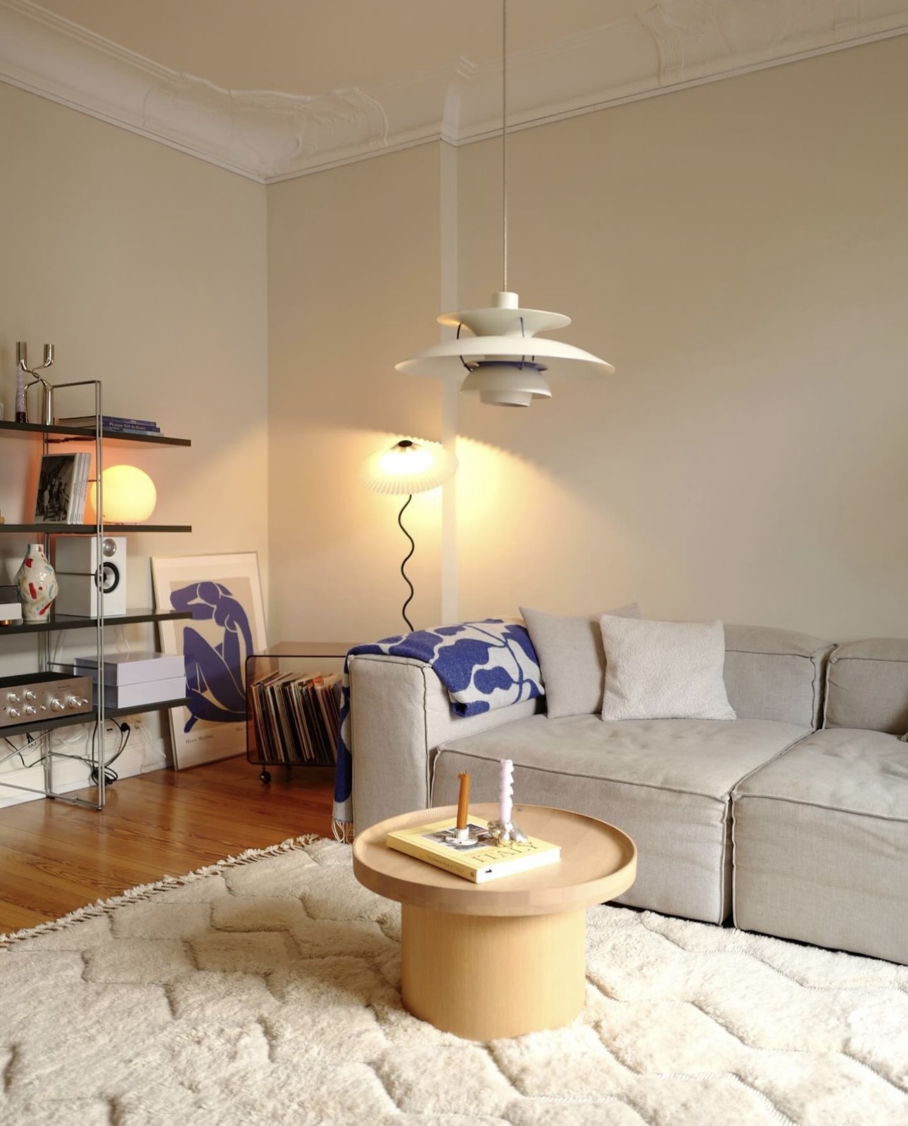 Scandinavian living room: white fluffy rug, grey sofa, retro IKEA shelf. Minimalistic, cozy ambiance with clean lines.