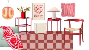 A moodboard showing different interior products in red.
