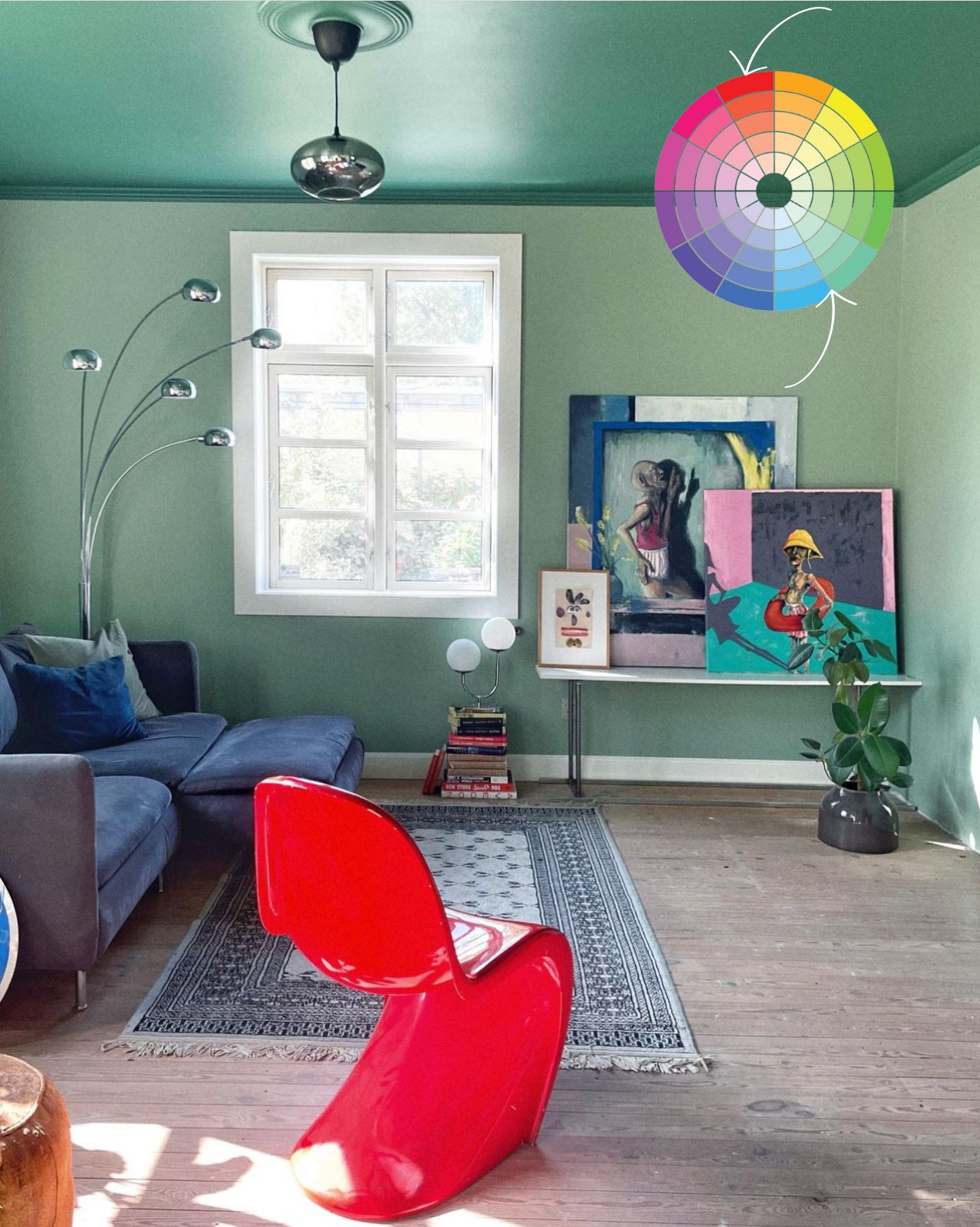Green/Blue Danish style living room with verner panthon chair in red.