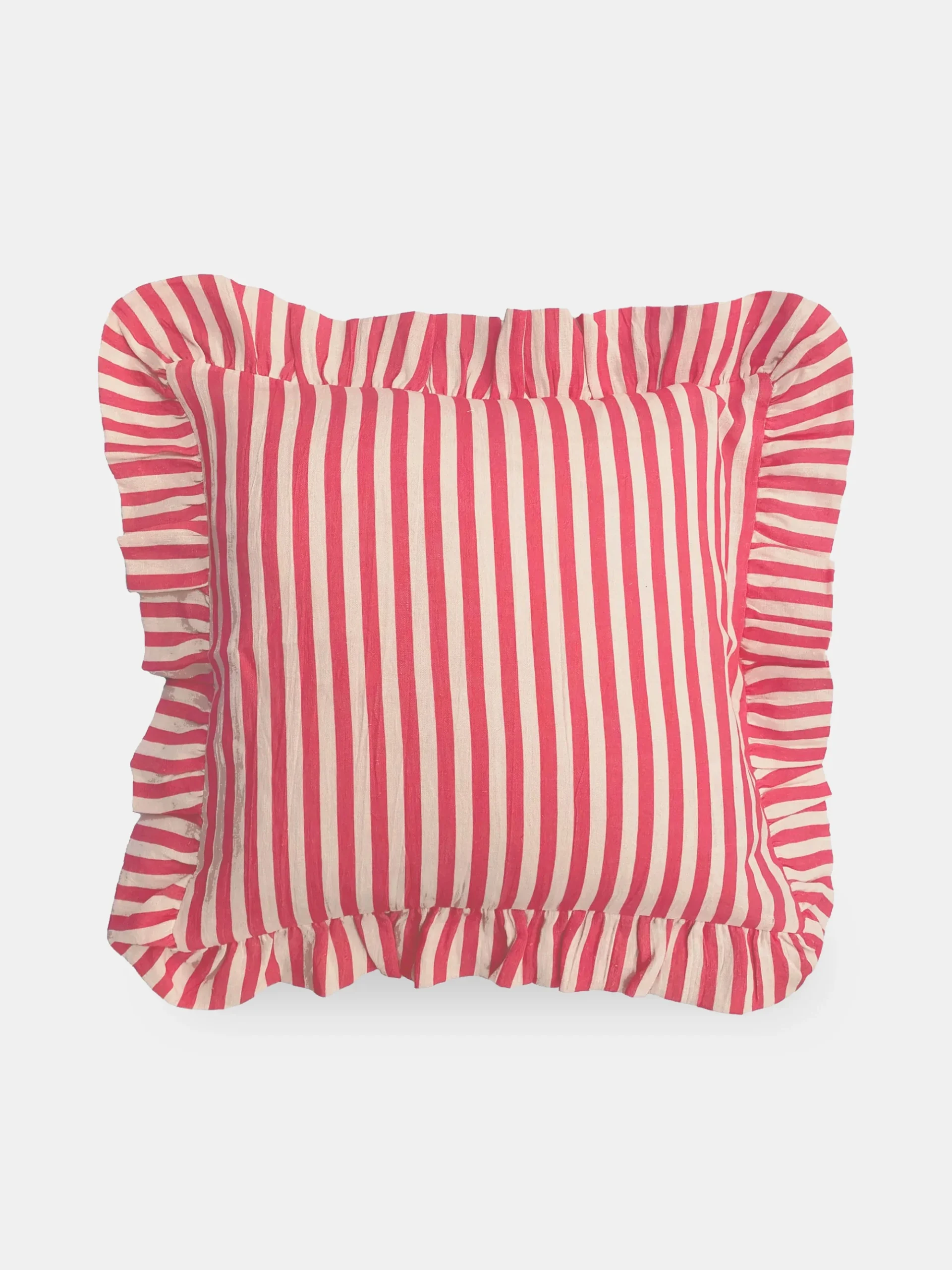 striped red and white cushion cover with frills from artilleriet