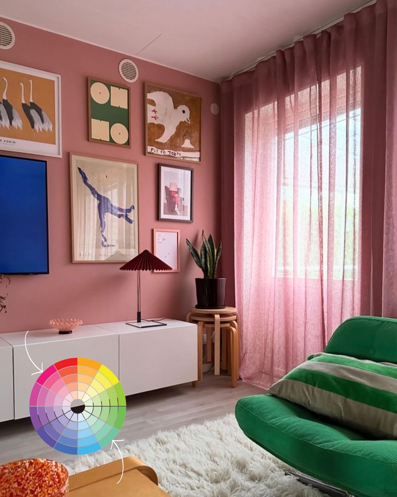 Pink Scandinavian Living Room with Green IKEA Chair.