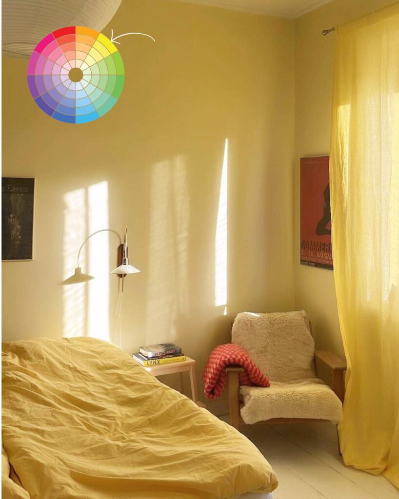 Soft light in a yellow monochromatic bedroom with details in different shades.