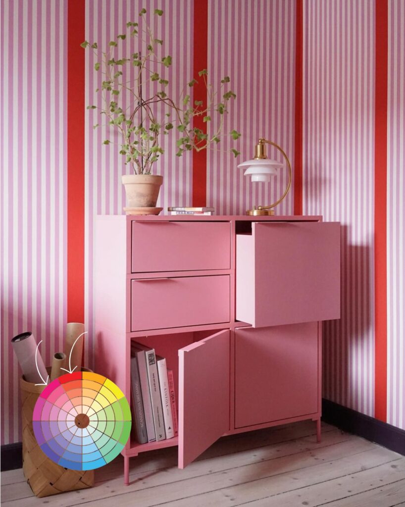 Pink and red striped colorful room in a Danish home.