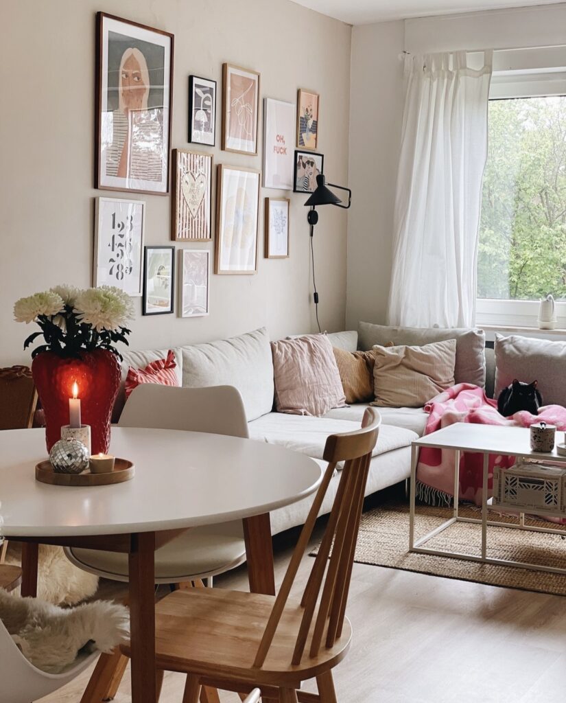 Warm, beige and peachy toned living room in Scandinavian colorful style.