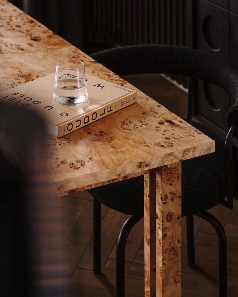 Burl Wood dining table photographed by mood authors.