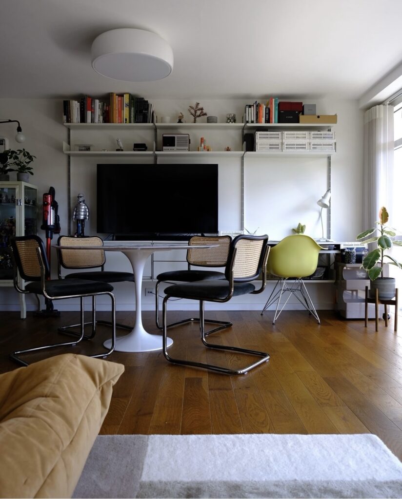 Storage shelving system in a sleek apartment