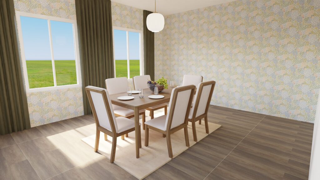 An example of a dining area with a too small rug.