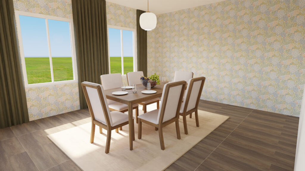 Example of a dining area with a bigger rug that feels balanced