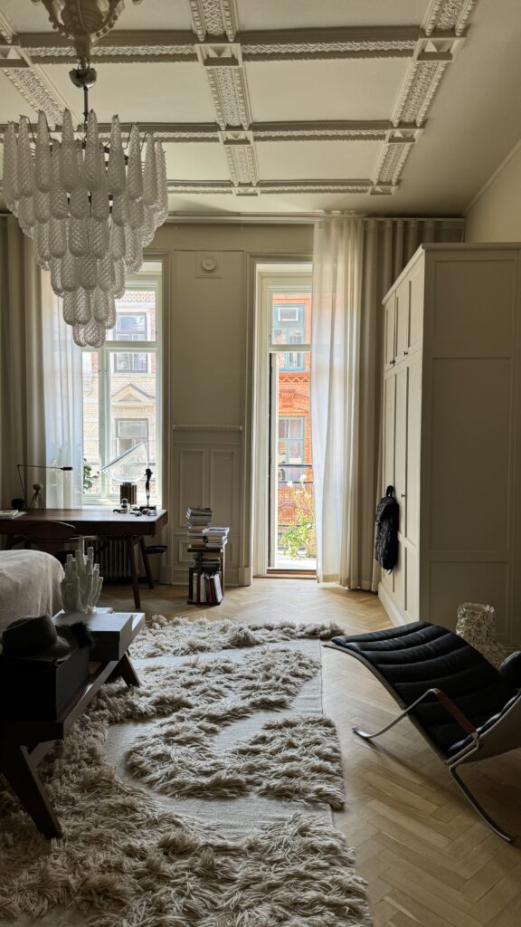 Elegant bedroom in Scandinavian style with a fluffy rug.