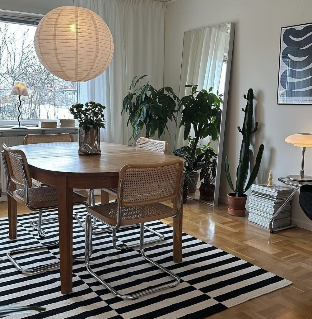 Black and white wool rug from IKEA ina Scandinavian mid century home.