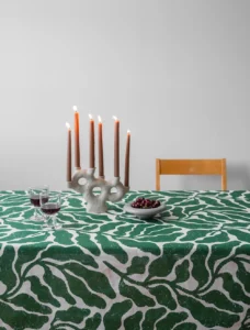 Linnéa Andersson x Fine Little Day green tablecloth in botanical pattern.