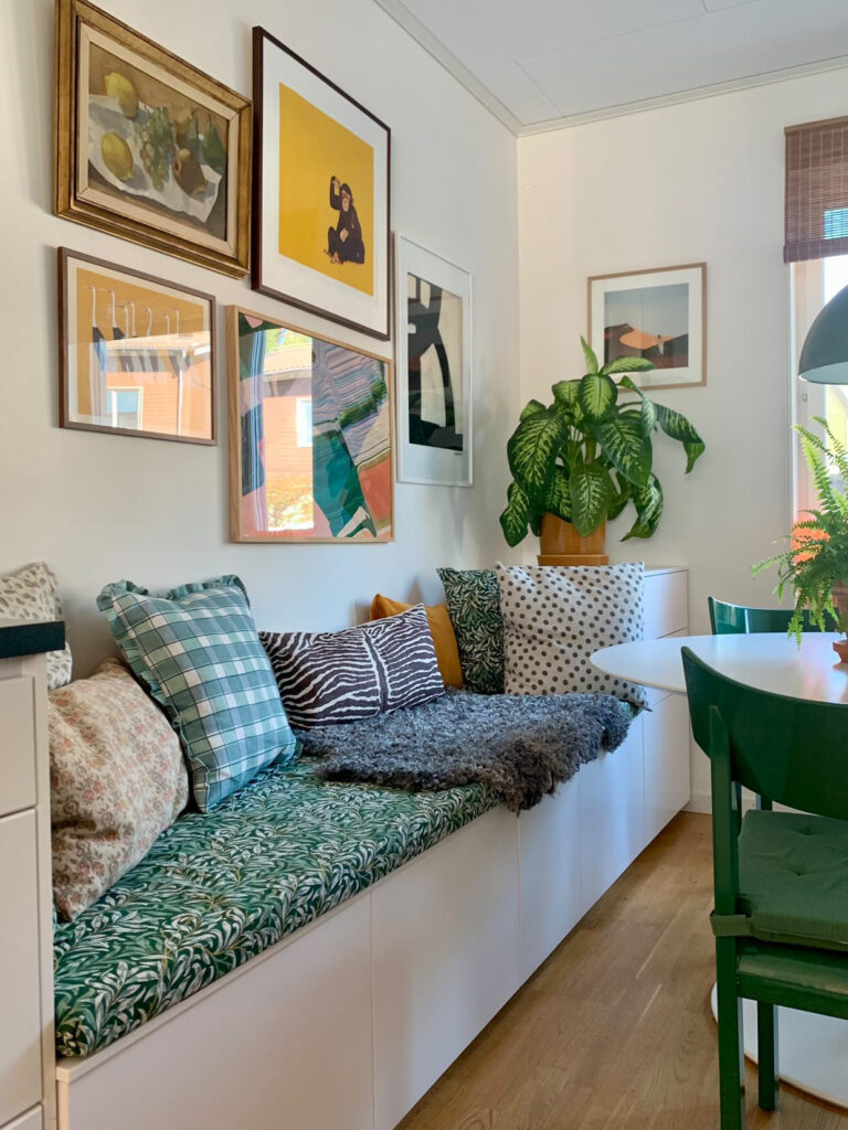 DIY kitchen banquette in a colorful scandinavian home, built with IKEA Metod