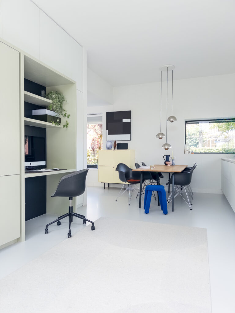 Work from home area with smart solutions that creates a neat, minimal yet stylish look.